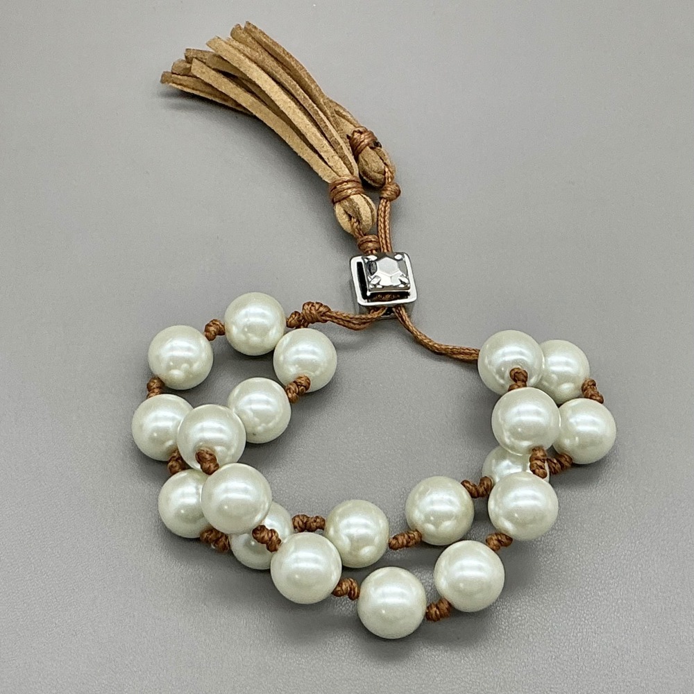Chico's Bracelet Women Ivory Faux Pearl Knotted Cord Tassel Adjustable Sliding